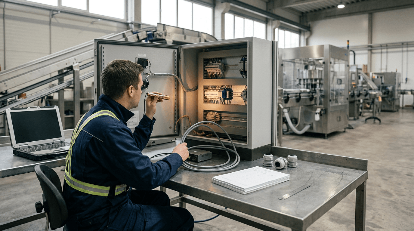 A systems engineer checks separated network cables inside an industrial control cabinet at a workbench beside a manufacturing line.
