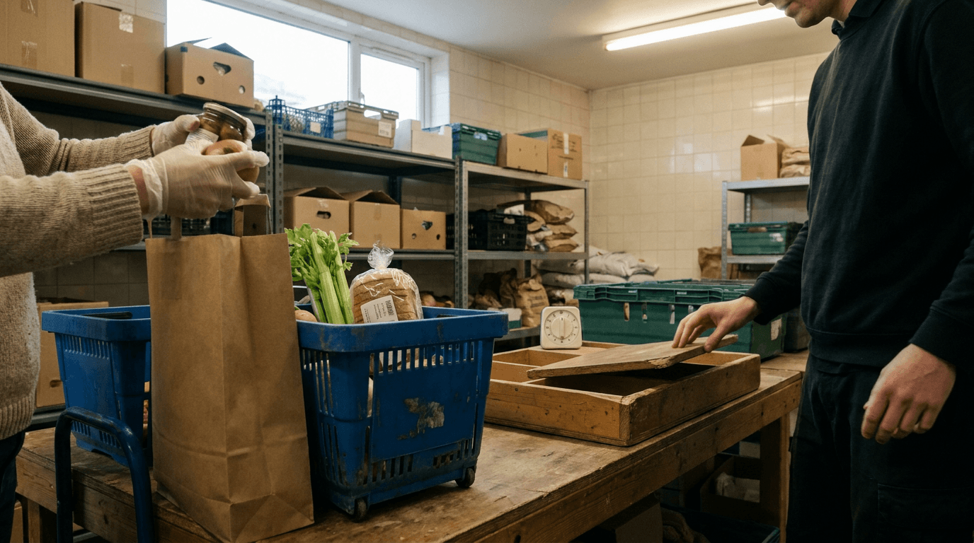 Two people test a manual grocery packing process in a small storeroom.