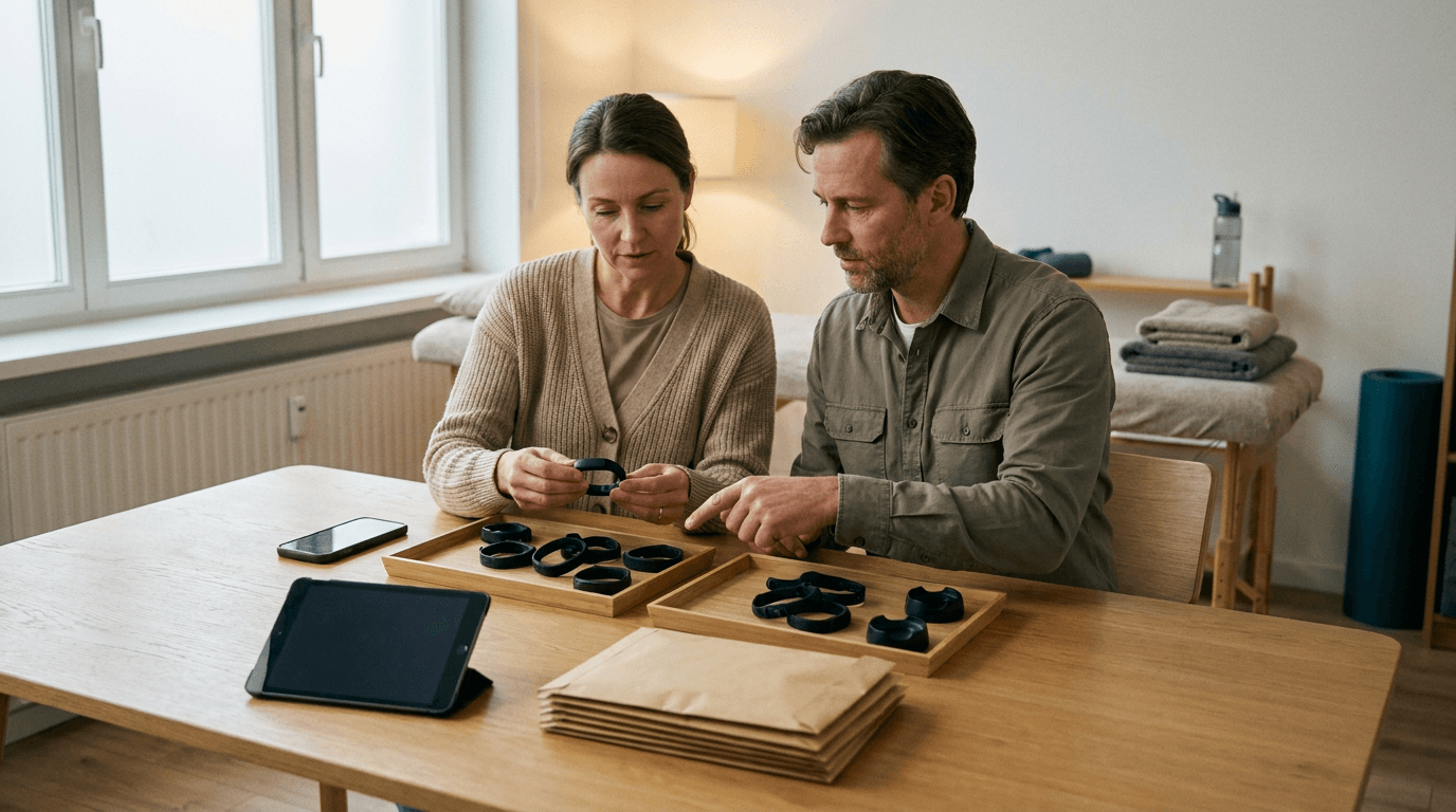 Two product specialists compare unbranded wearable devices at a wooden table.