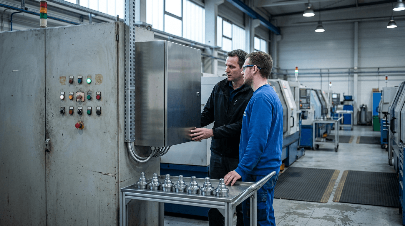An operator and engineer inspect old and new control cabinets beside a production line