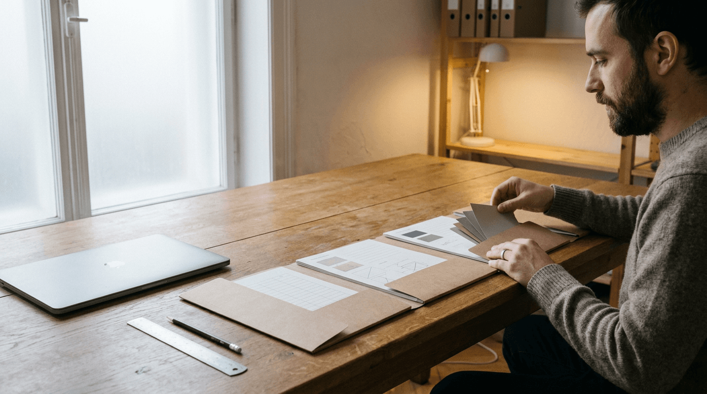 A product lead compares printed software proposal folders at a wooden table.