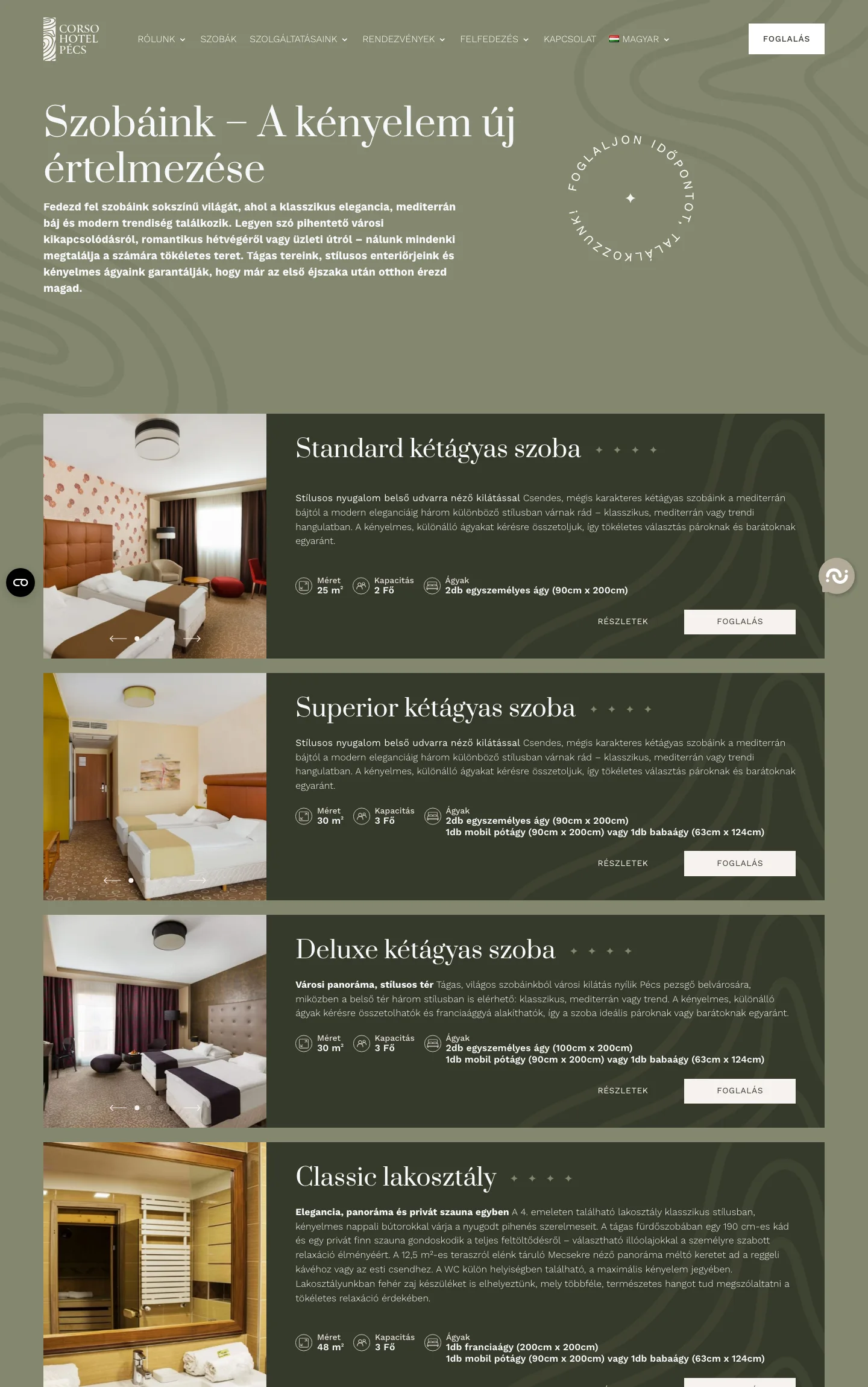 A Corso weboldala — Szobák & részletek